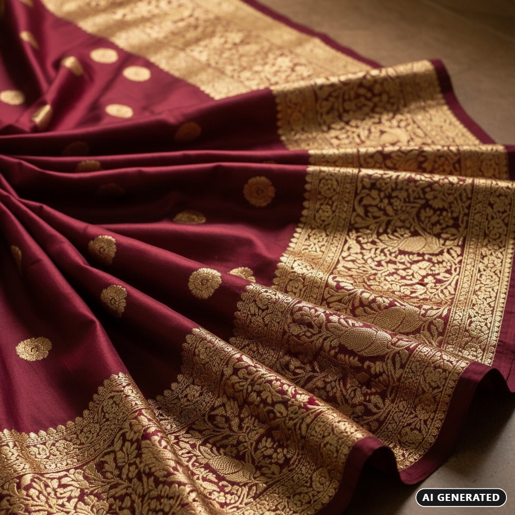 AI Generated: A deep maroon silk saree features intricate gold floral embroidery and a wide, ornate gold border.
